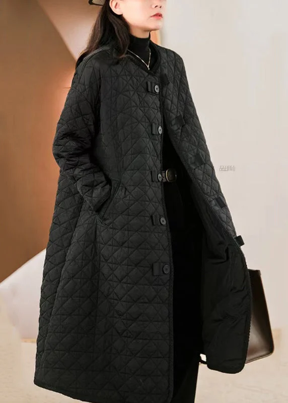 warm down coat for women -New Black O Neck Pockets Button Patchwork Fine Cotton Filled Coat Winter