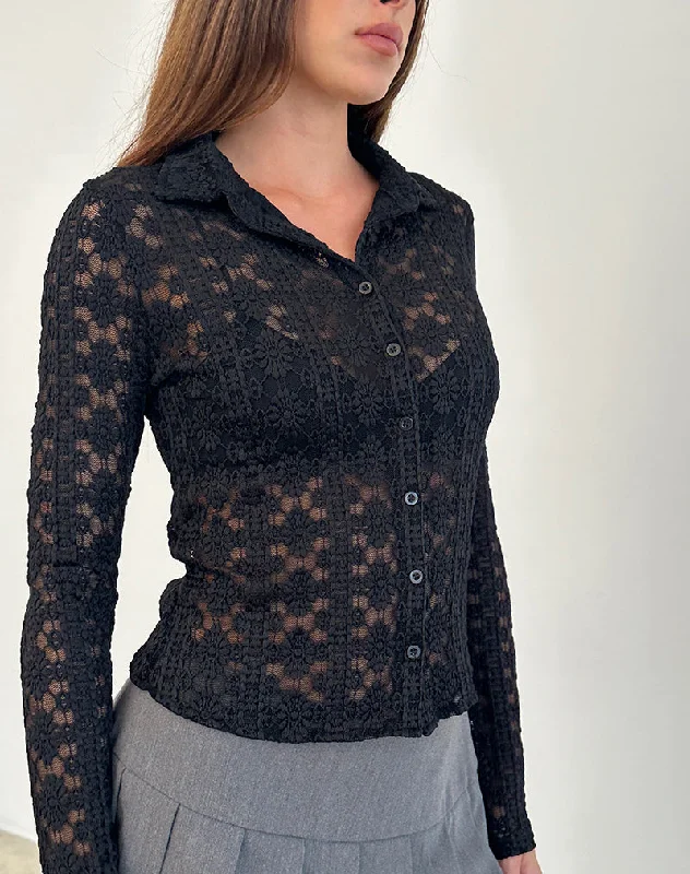 ladies' draped wrap top -Kenila Shirt in Regal Lace Black