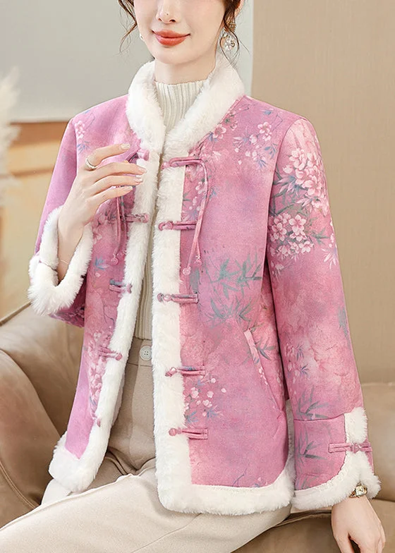 cropped wool blazer for women -Rose Button Pockets Warm Fleece Winter Parkas Coat Fur Collar