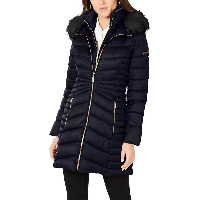 ladies' fur-lined jacket -Womens Faux Fur Trim Hooded Puffer Jacket