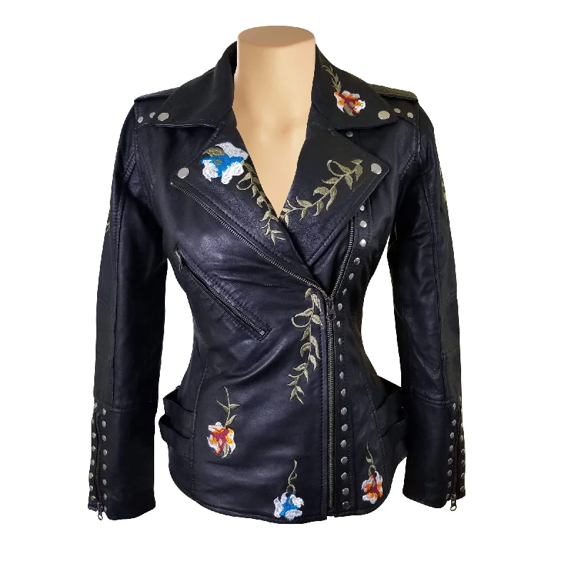 ladies' insulated ski jacket -Flowery Embroidered Leather Jacket With Studs