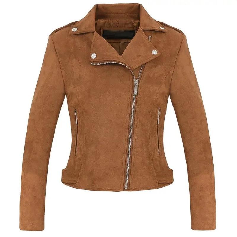 women's waterproof raincoat -Womens Brown Suede Biker Jacket