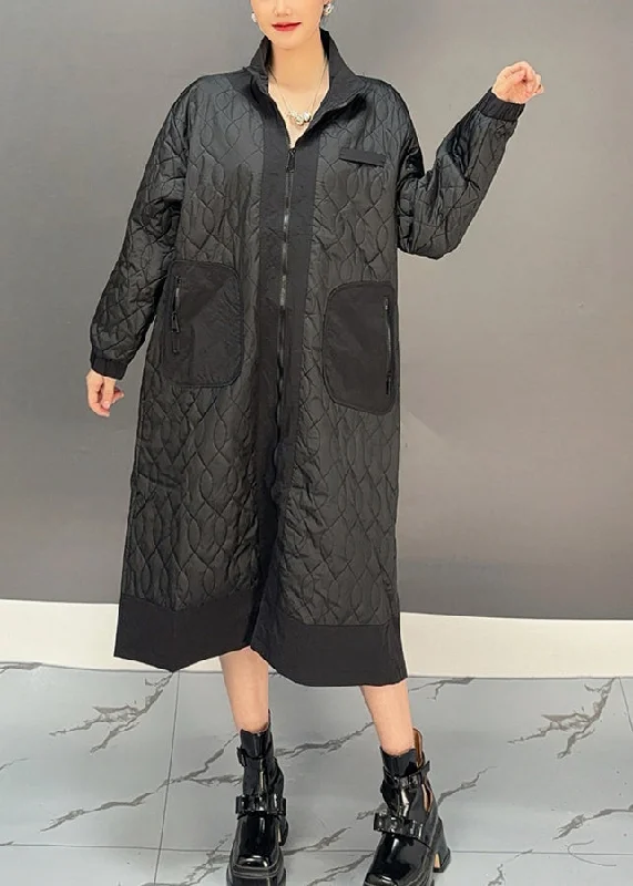 lightweight quilted jacket for women -Plus Size Black Peter Pan Collar Embroidered Plaid Pockets Long Parka Winter