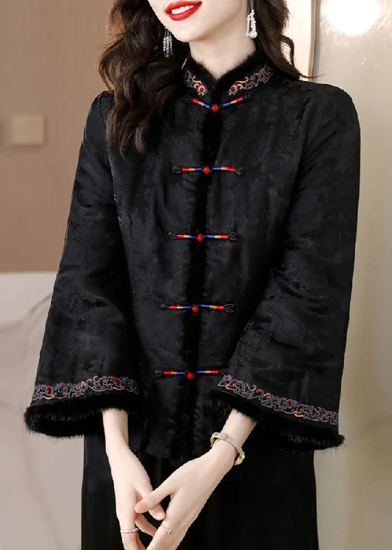 women's asymmetrical zip jacket -Retro Black Fur Collar Embroideried Button Silk Coats Long Sleeve