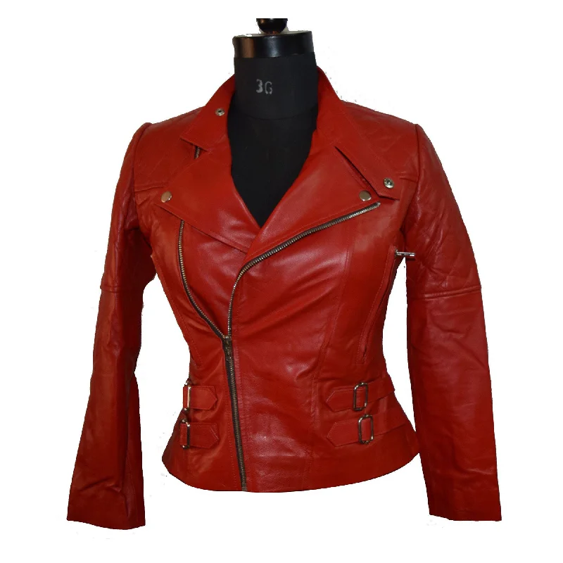 double-layered long coat for women -Womens Red Biker Style Jacket