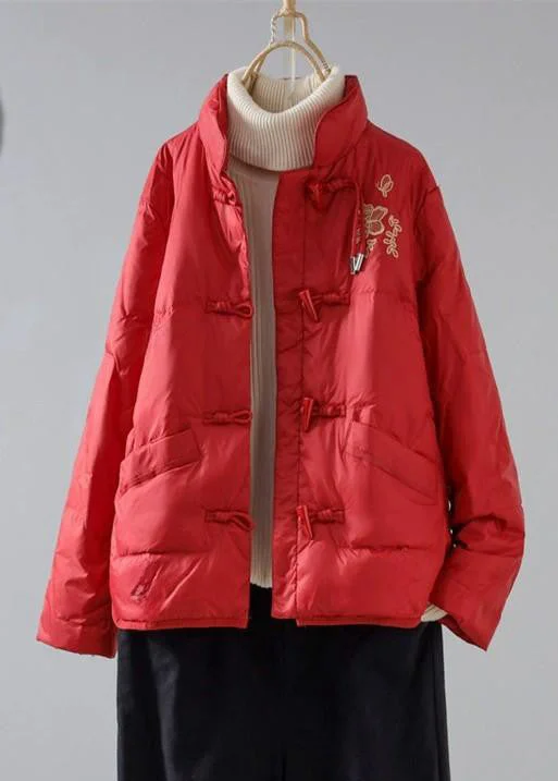 casual coats for women -New Red Embroidered Pockets Cotton Filled Parka Winter