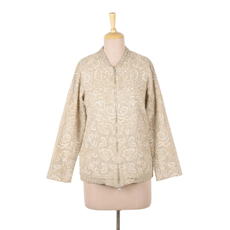 ladies' fleece zip-up jacket -Novica Handmade Agra Afternoon Cotton Embroidered Jacket