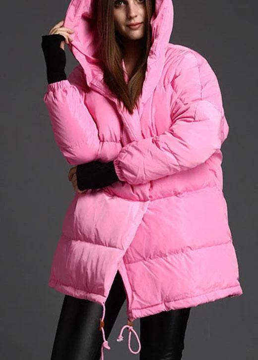 women's outdoor fleece jacket -Plus Size Pink Hooded Drawstring Winter Duck Down Down Coat