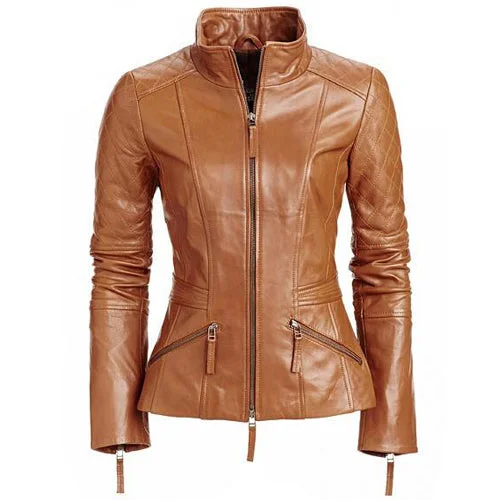 oversized women's coat -Women's stylish English Tan leather jacket with quilted patches