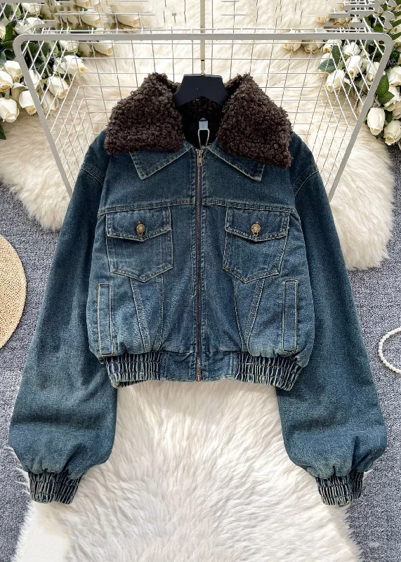 casual zip-up hoodie jacket for women -Modern Dark Blue Fur Collar Pockets Denim Parkas Winter