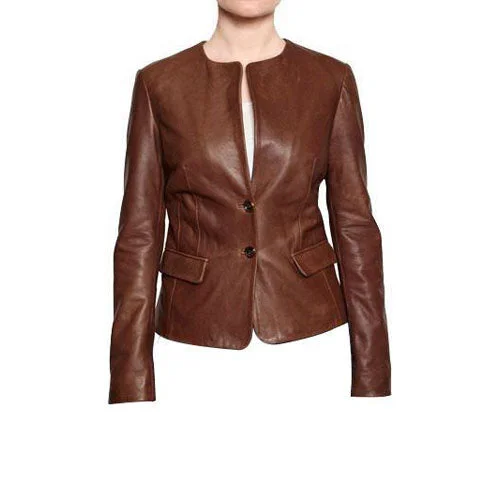 fashionable belted wool coat for women -Women’s Dark Cognac Buttoned up Leather Jacket