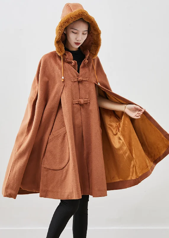 women's mid-length wool coat -Italian Khaki Fur Collar Oversized Warm Fleece Coat Cloak Sleeves