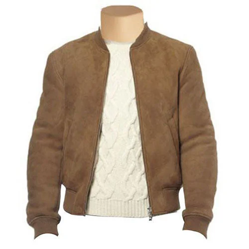 women's biker-style leather jacket -Suede bomber jacket with ribbed collar