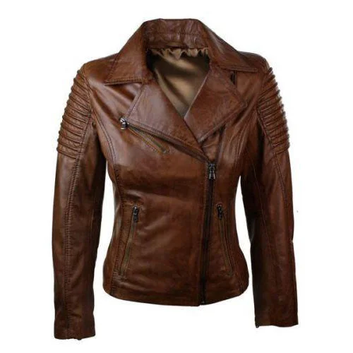 ladies' sporty windbreaker -Women's distressed biker leather jacket with piping