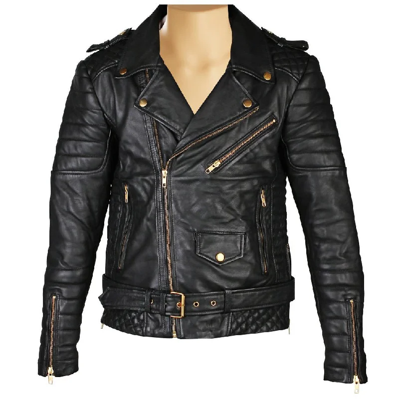 stylish knit jacket for women -Mercado's quilted biker leather jacket with waist belt