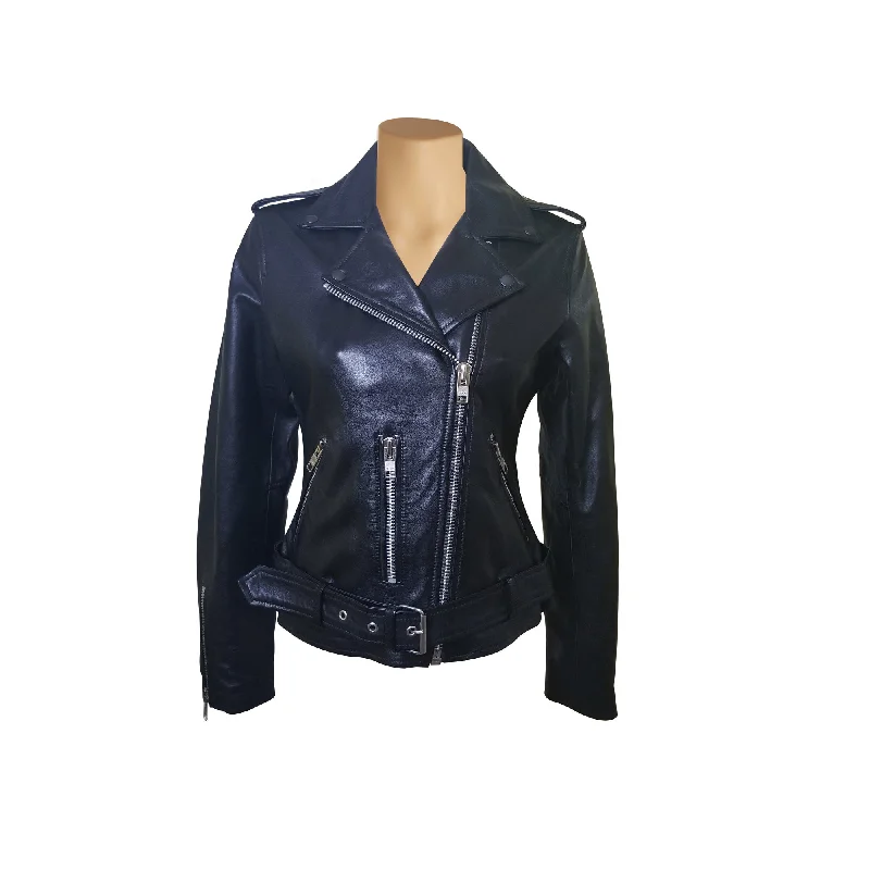 women's lightweight jacket -Arielle’s Biker Style Black Leather Jacket With Waist Belt