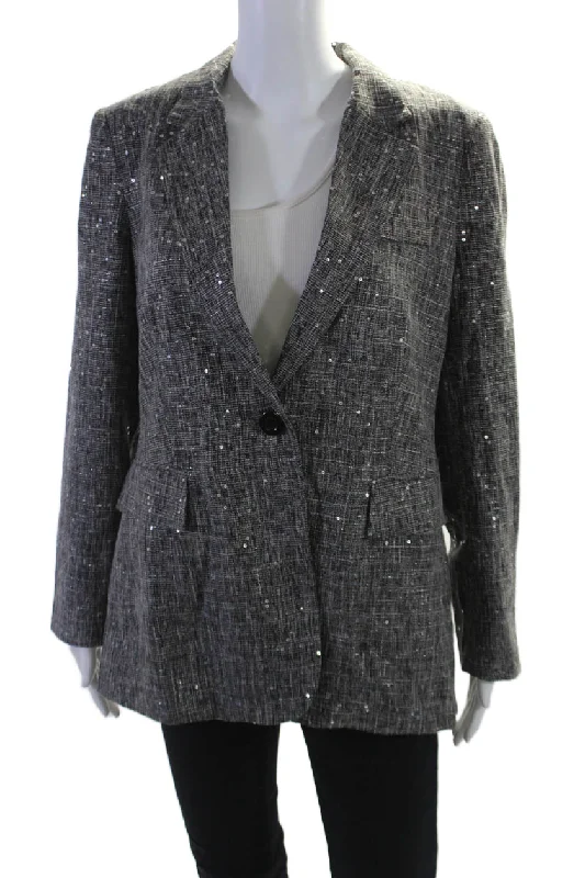 women's fur-trimmed parka -Insight Womens Holiday Sparke Sequined Blazer Jacket Black White