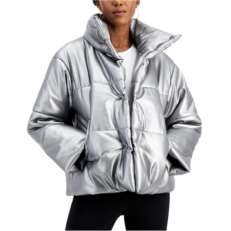 warm down coat for women -I-N-C Womens Faux Leather Puffer Jacket