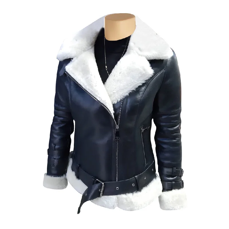 women's sherpa-lined jacket -Jayne's Sheepskin Black and White Biker Shearling Jacket