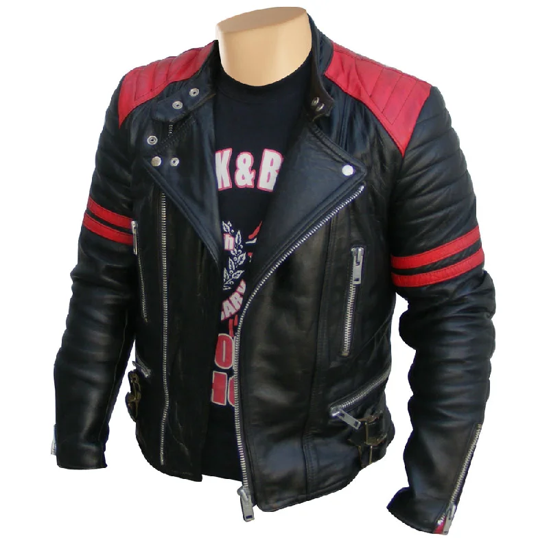 winter-ready faux shearling jacket for women -Rodger's Red and black biker style leather jacket