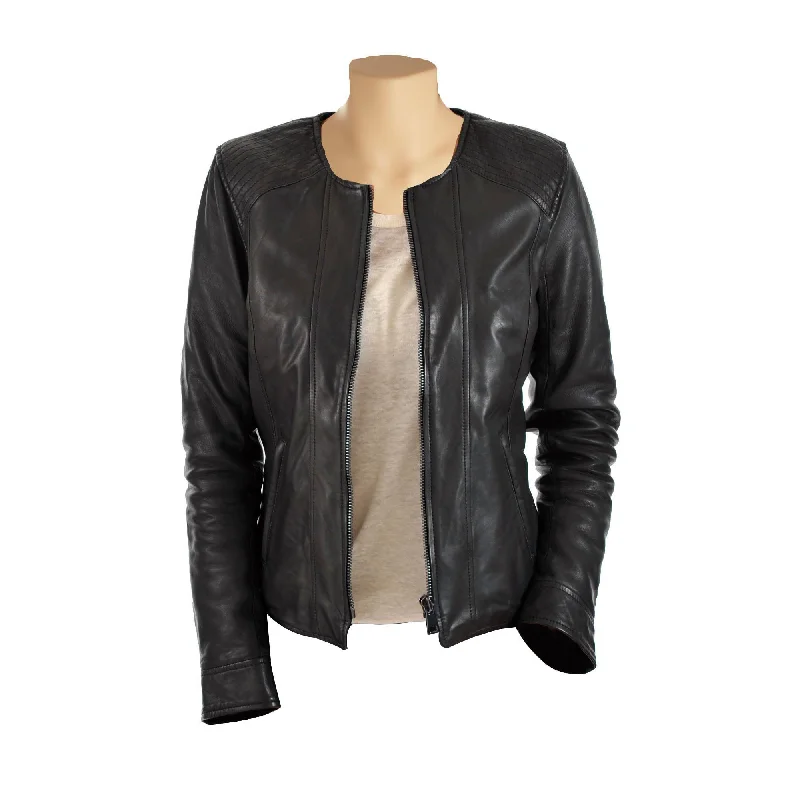 women's reversible coat -Women's collarless leather jacket