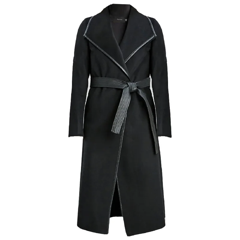 fashionable belted wool coat for women -Juliette Double Face Faux Leather Trim Belted  Wool Coat Black