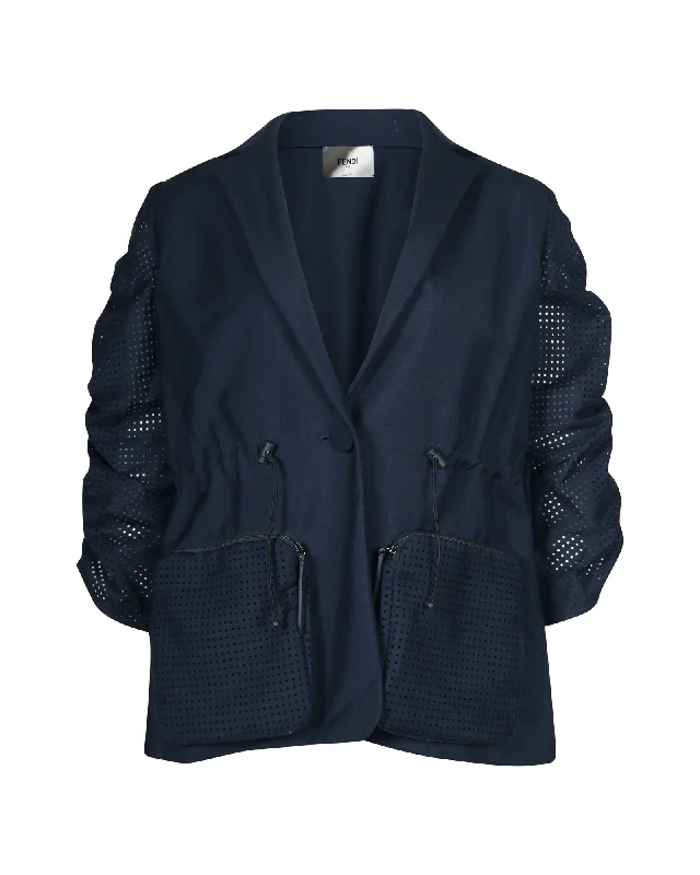 ladies' longline puffer coat -Fendi Puff Sleeve Drawstring Jacket in Navy Blue Cotton