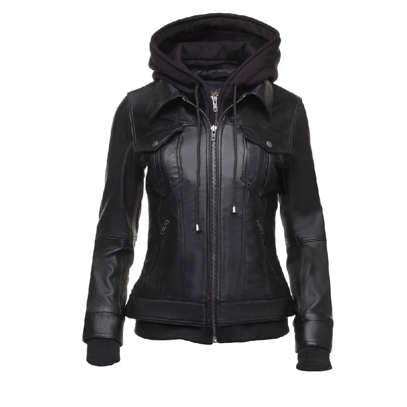 women's elegant cape coat -Daphne Black Leather Jacket With Fleece Hoodie