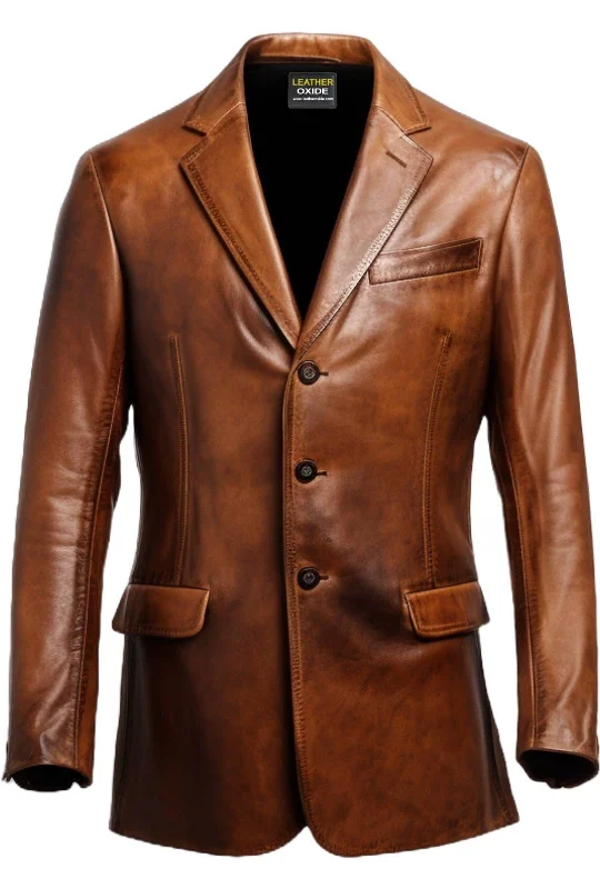 lightweight packable jacket for women -Men 3 Button Vintage Brown Leather Blazer