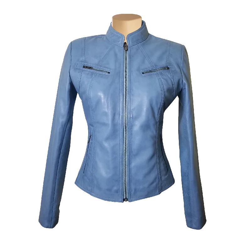 women's fur-trimmed parka -Erna Sky Blue Leather Jacket With Stretch Ribbing