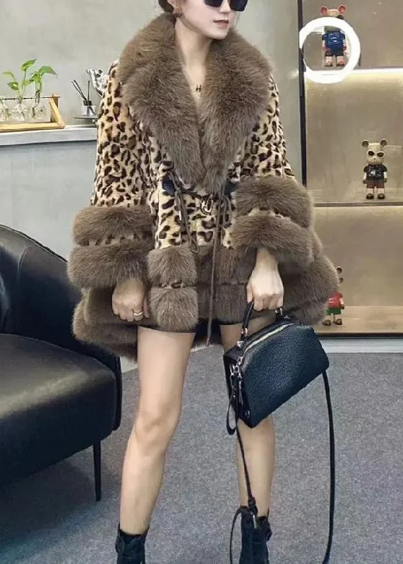 women's biker-style leather jacket -Chic Leopard Peter Pan Collar Drawstring Patchwork Fuzzy Fur Fluffy Coats Winter