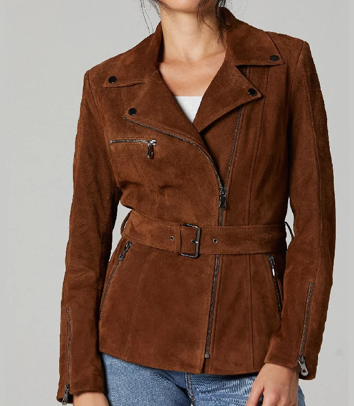 classic camel coat for ladies -Brown Suede Mayfair Leather Jacket For Women