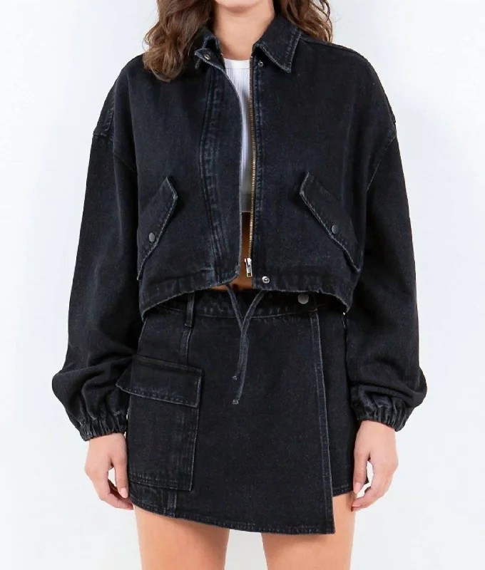 ladies' soft knit cardigan coat -Cropped Denim Jacket With Drawstring Waist In Black