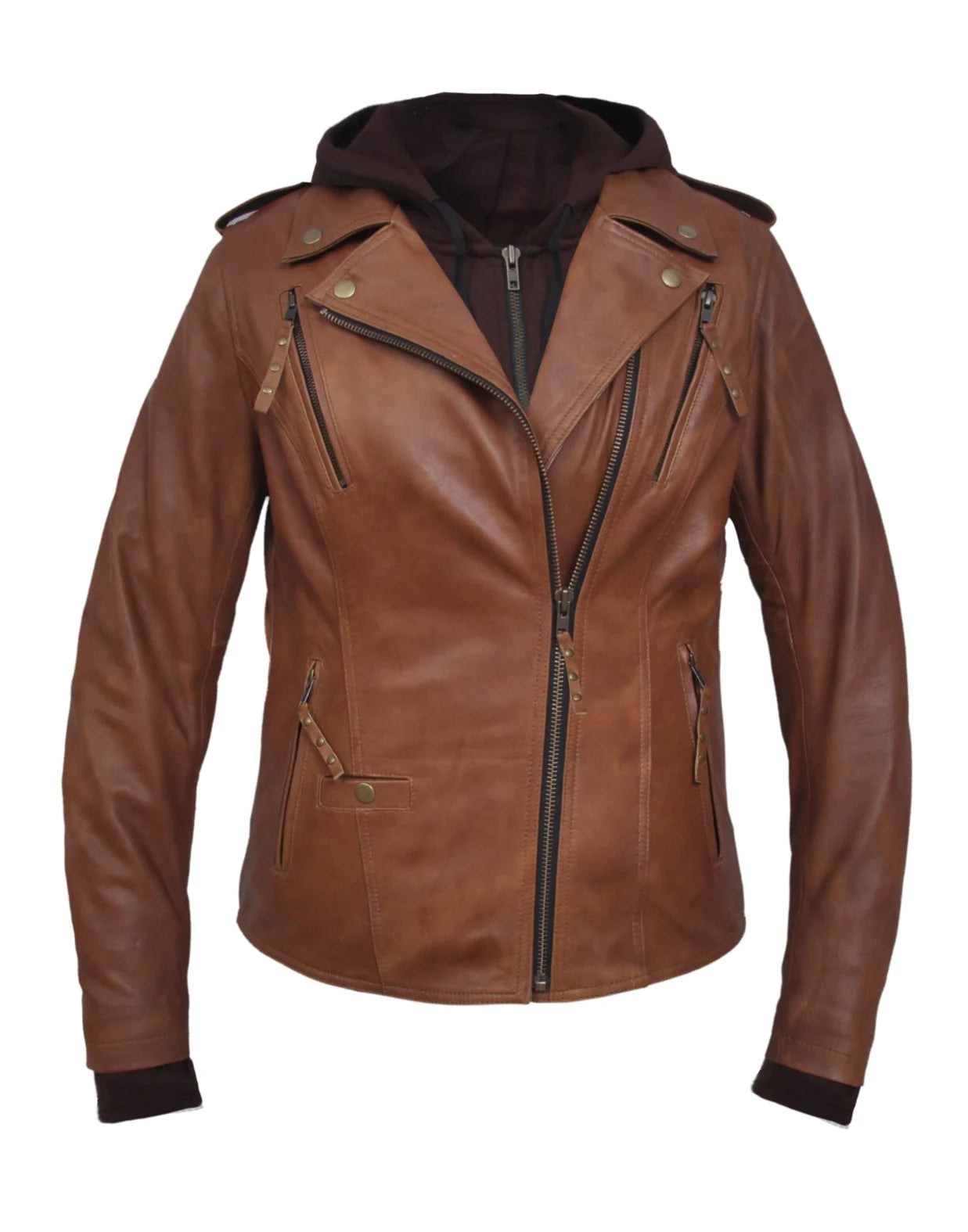 women's biker-style leather jacket -6841.ANT- Women's Brown Leather Jacket With Hood