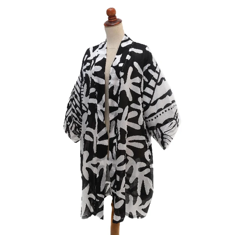 women's elegant cape coat -Novica Handmade Coral Sea In Black Hand-Painted Kimono Jacket