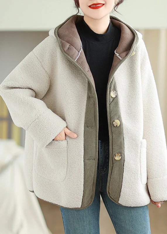 women's reversible coat -Plus Size Apricot Hooded Pockets Patchwork Faux Fur Warm Fleece Coat Winter