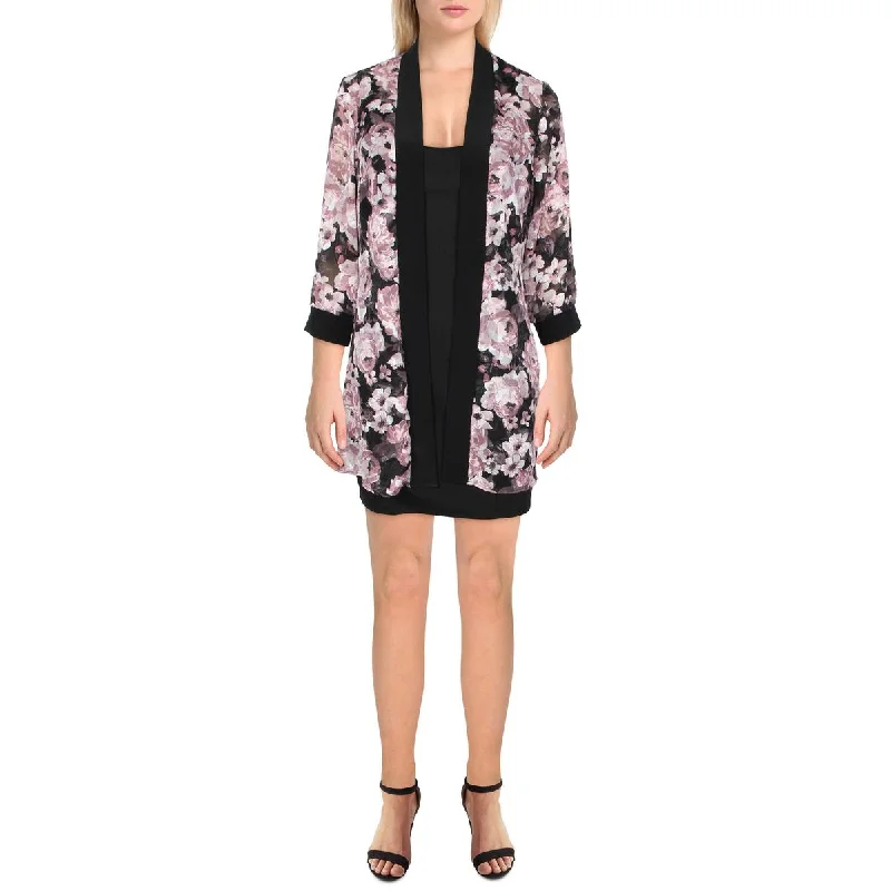 zip-up casual anorak jacket for women -R&M Richards Womens Petites Chiffon Floral Duster Blazer