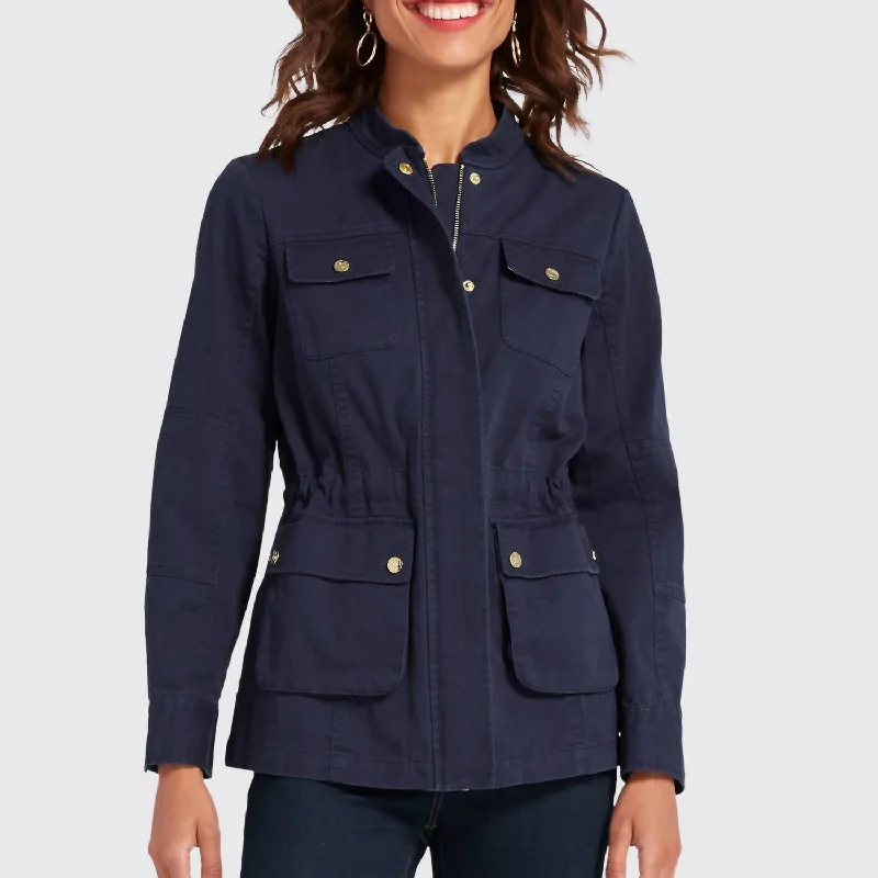 classic trench raincoat for women -Solid Pocket Utility Jacket In Nassau Navy