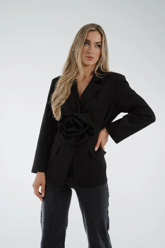 ladies' soft knit cardigan coat -Lynne Corsage Blazer In Black