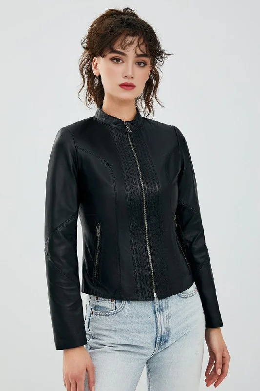 women's oversized corduroy jacket -Black Bianca Leather Jacket for Women