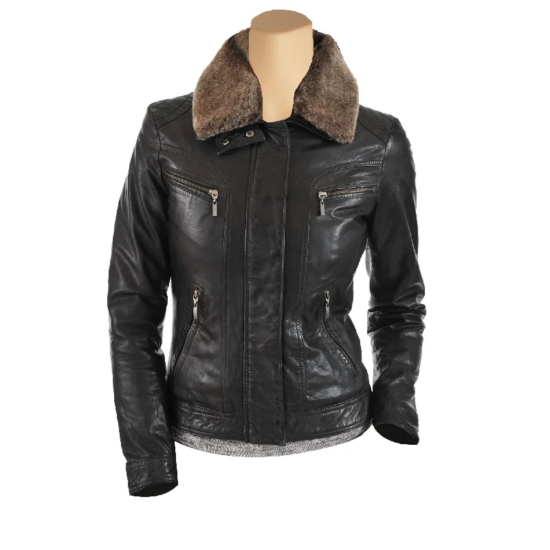 stylish fleece-lined coat for women -Womens Black Leather Jacket With Brown Fur Collar