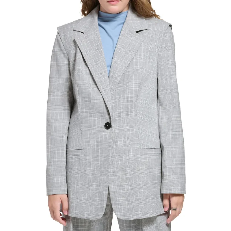 ladies' faux suede jacket -Calvin Klein Womens Woven Plaid One-Button Blazer