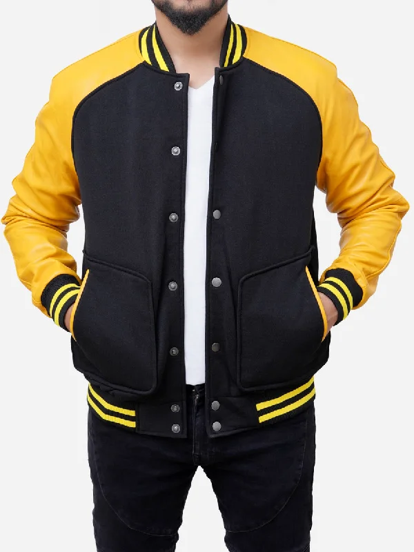 women's faux fur coat -Grayson Black and Yellow Varsity Jacket