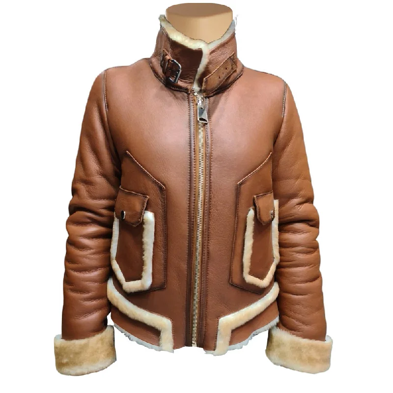 ladies' insulated ski jacket -Avani's Brown Sheepskin Shearling Jacket with Cream Fur Trims