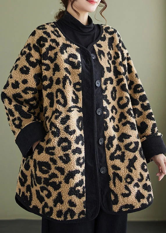 women's bohemian style kimono jacket -Plus Size Leopard Pockets Fine Cotton Filled Faux Fur Coats Winter