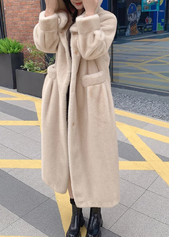 women's slim fit blazer -Beige Button Leather And Fur Hooded Maxi Coat Long Sleeve