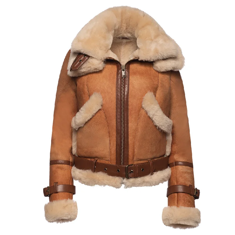 lightweight quilted jacket for women -Kristy Vintage Cognac Womens Crop Shearling Bomber Jacket