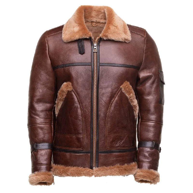 warm down coat for women -Esa Brown Bomber Sheepskin Shearling Jacket with large pockets