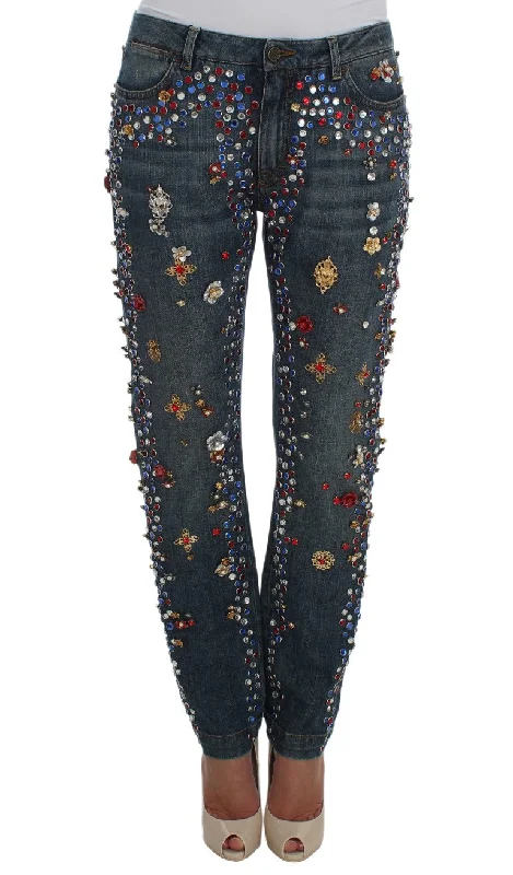 trendy color-blocked jeans for women -Dolce & Gabbana Enchanted Sicily Crystal Heart Boyfriend Women's Jeans