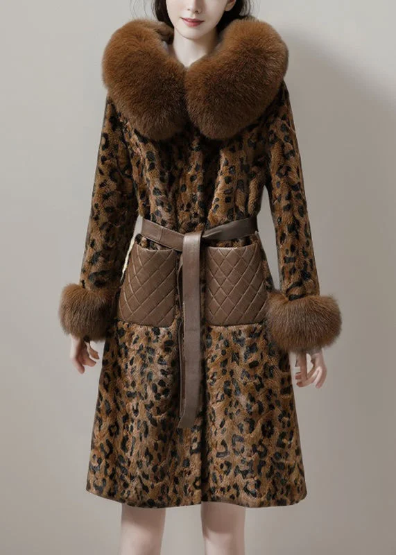 women's oversized corduroy jacket -Fashion Coffe Leather And Fur Long Coats Print Mink Velvet Winter